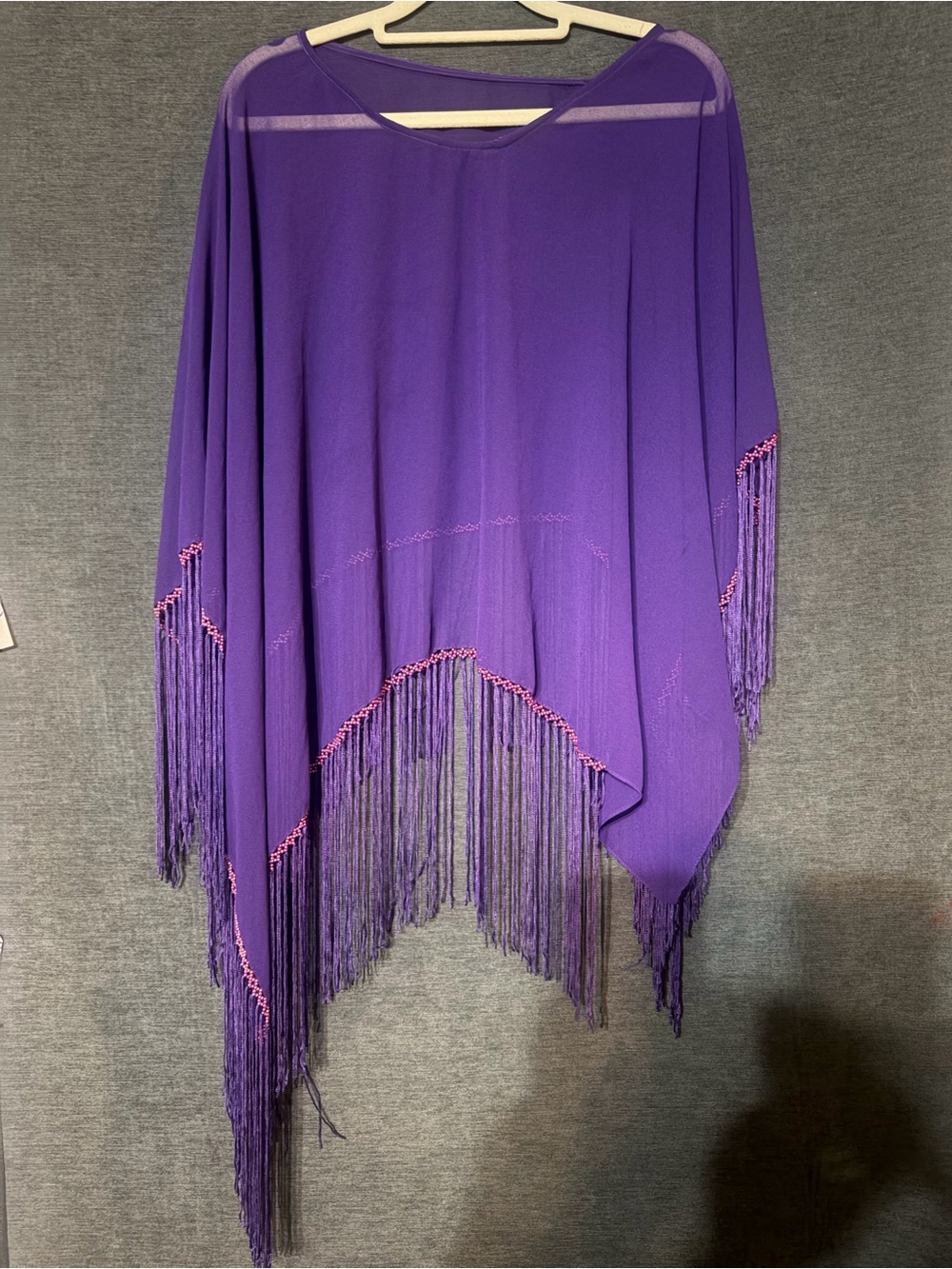 Purple Beaded Fringe Poncho Cape — Women's Draped Shawl